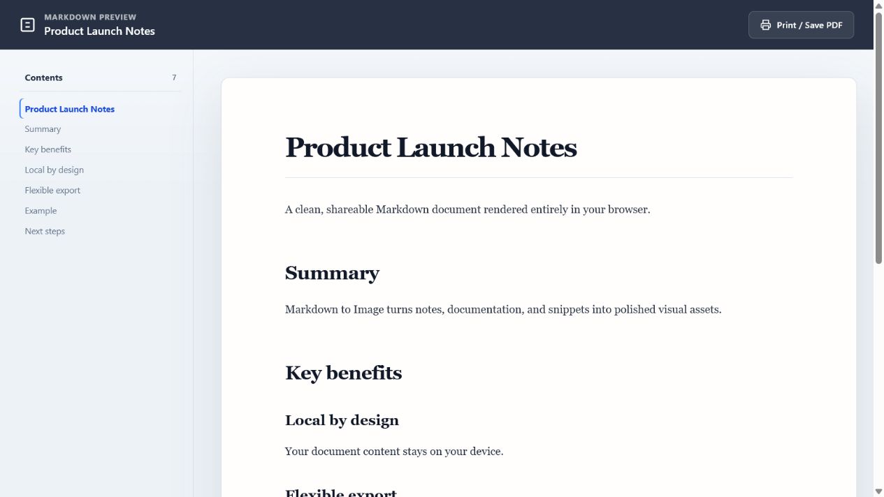 Markdown to Image full-page preview with a table of contents and PDF print action