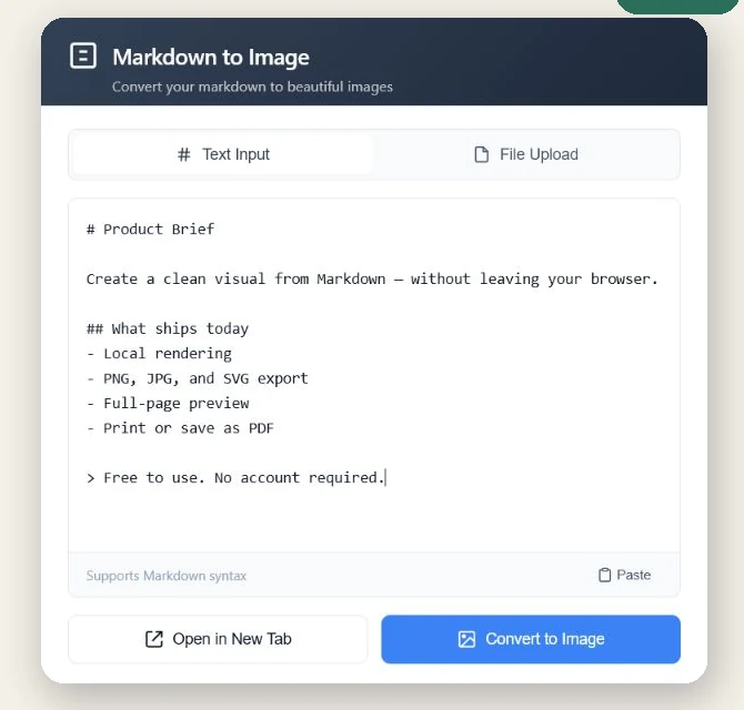 Markdown to Image extension showing a Markdown document ready to convert into an image
